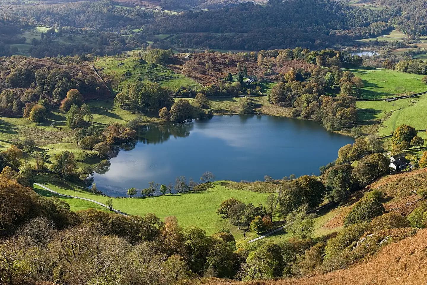 Loughrigg Tarn in a green bowl of autumn-coloured fells, seen from above