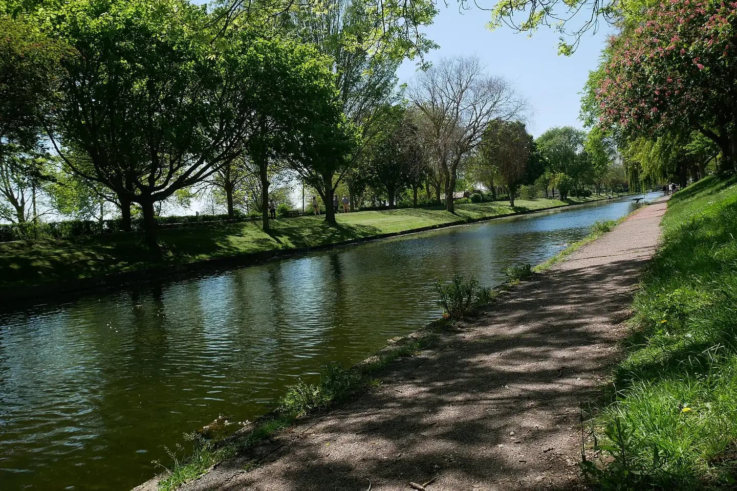 The Royal Military Canal running between grassy banks and trees through Hythe