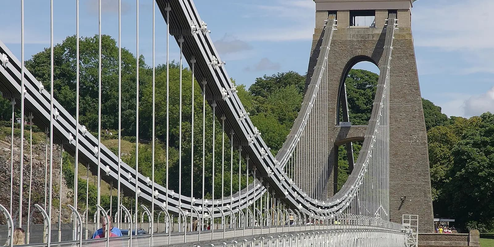 The Clifton Suspension Bridge's chains and stone tower, seen from the bridge itself