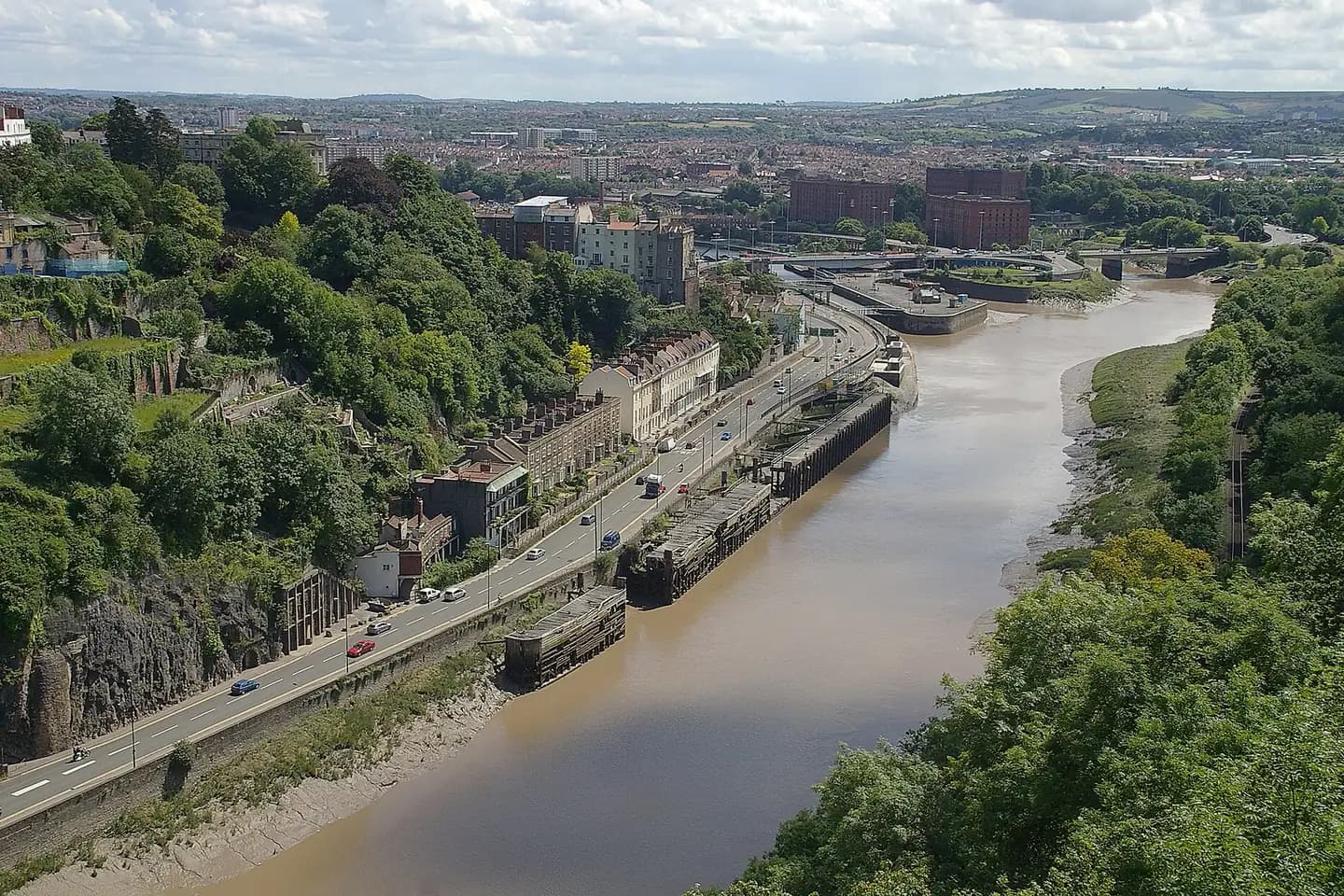 The River Avon and Cumberland Basin seen from the Clifton Suspension Bridge, with the city beyond