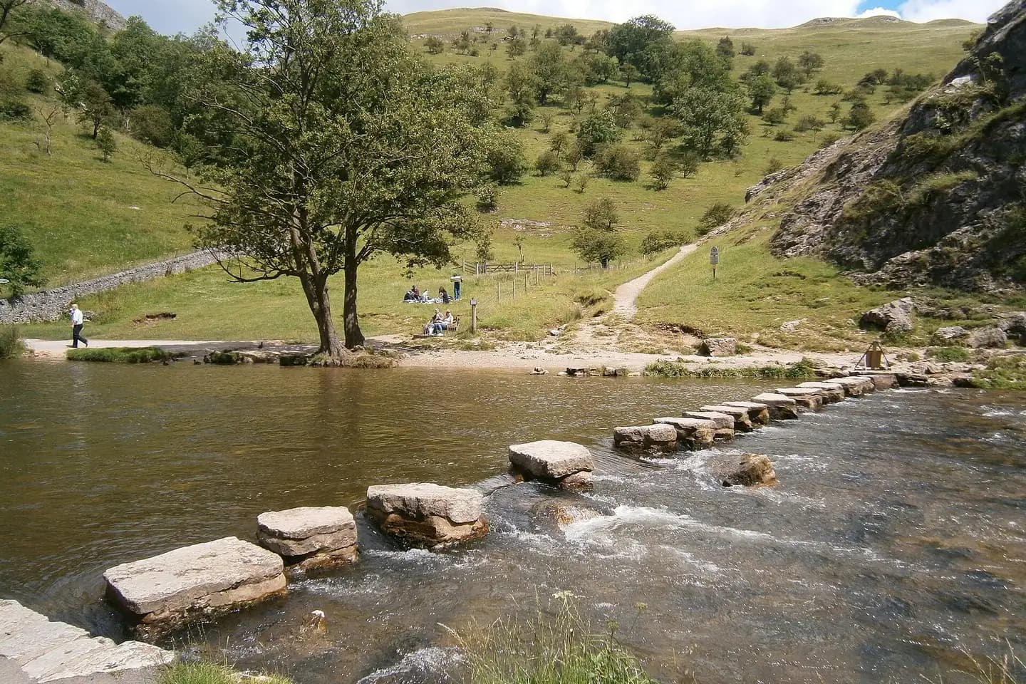 The stepping stones across the River Dove in Dovedale, with steep green hills behind