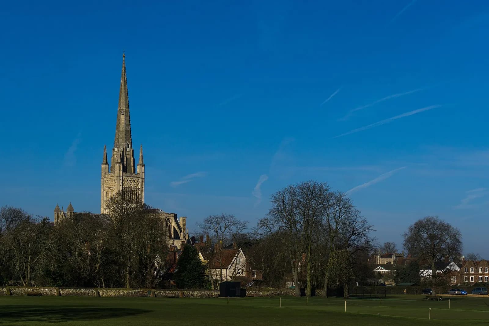 The tall spire of Norwich Cathedral against a deep blue sky, above trees and playing fields