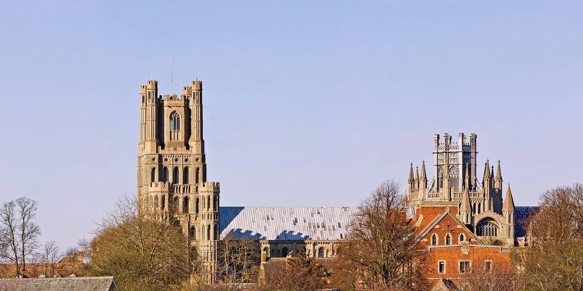 Ely Cathedral's west tower and octagon rising above trees and rooftops