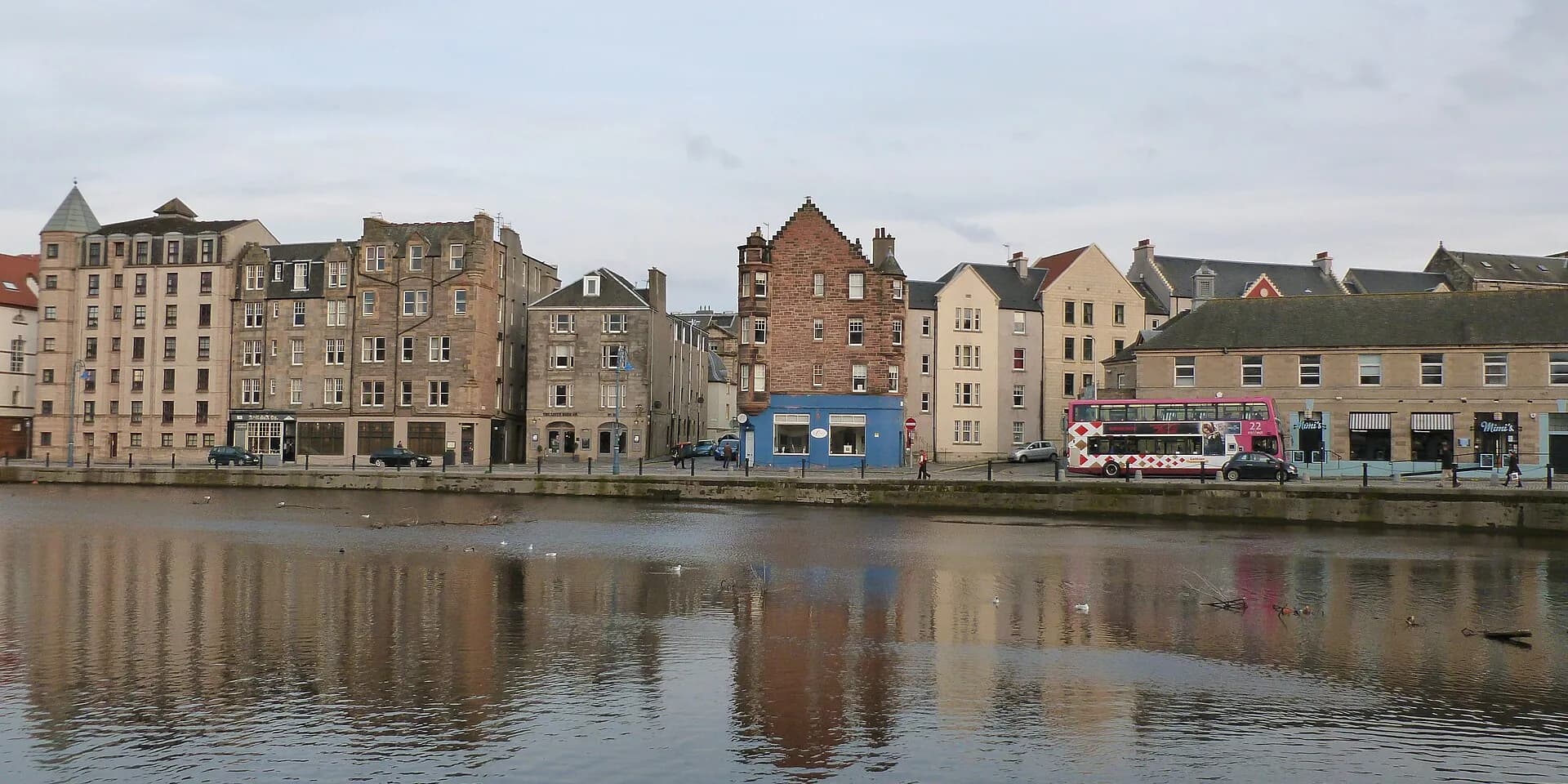 The Shore at Leith: tall old stone buildings reflected in the Water of Leith