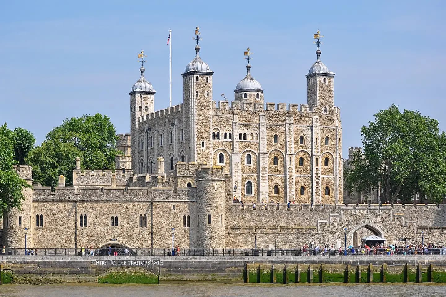The White Tower and walls of the Tower of London, seen from the River Thames