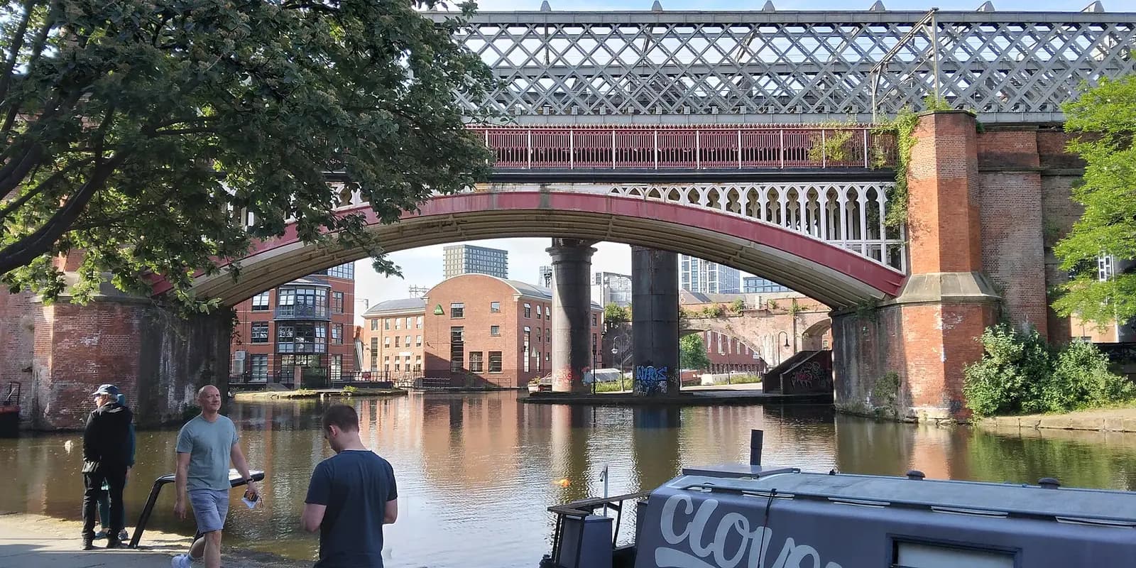 Victorian railway viaducts and old warehouses beside the Bridgewater Canal at Castlefield
