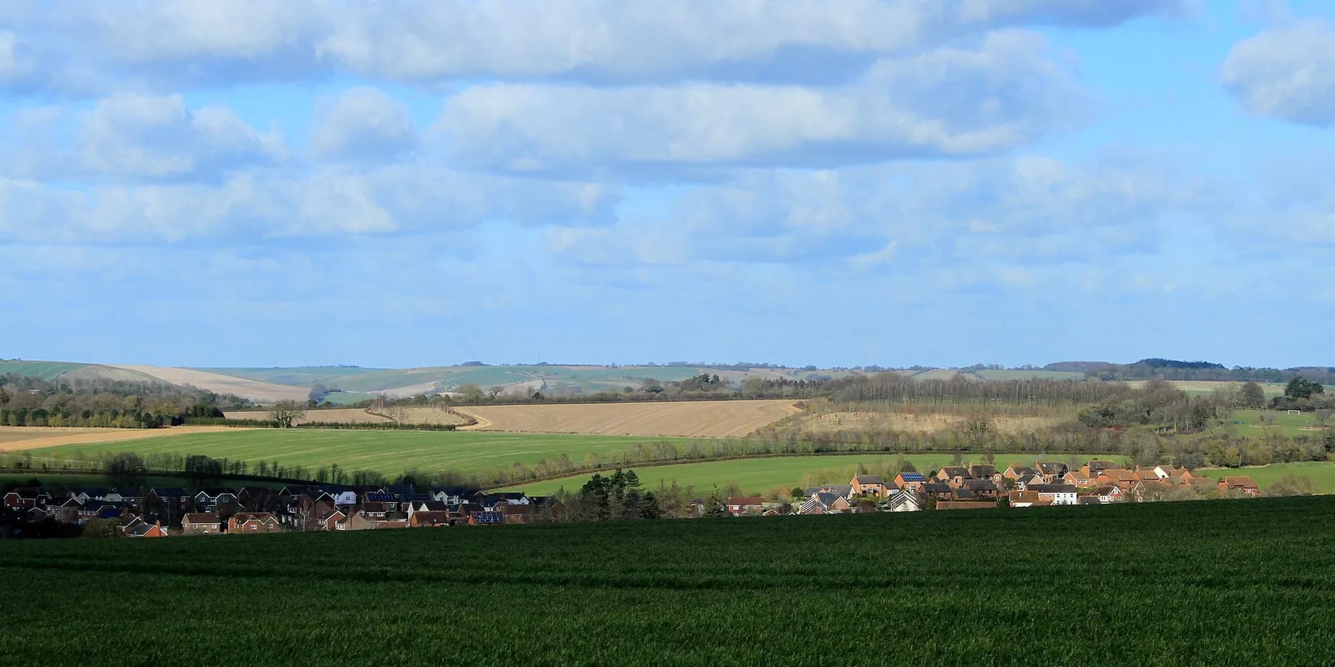 Green fields rolling north to the Marlborough Downs under a blue sky