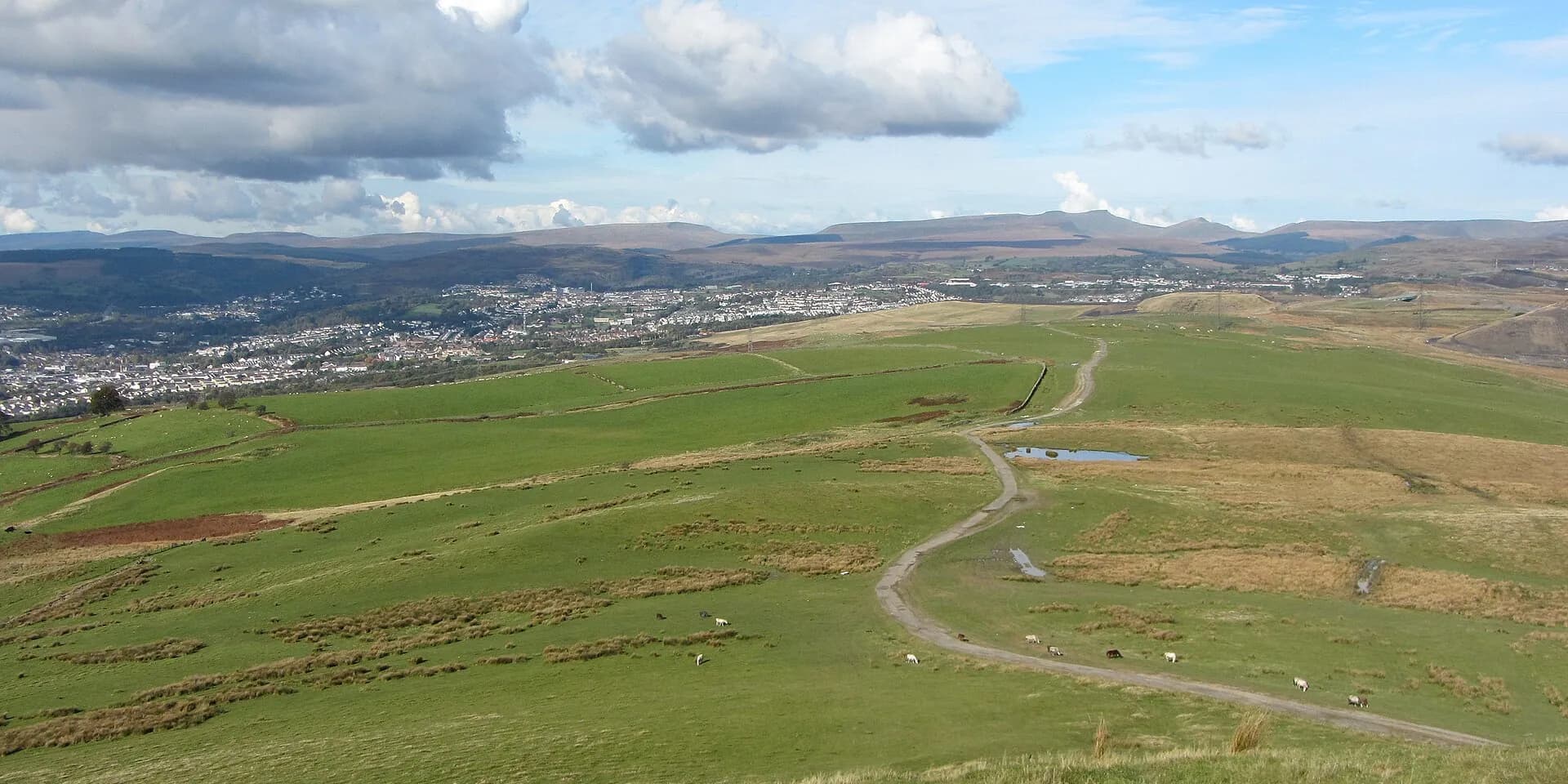 Green open common above Merthyr Tydfil, with the Brecon Beacons on the horizon