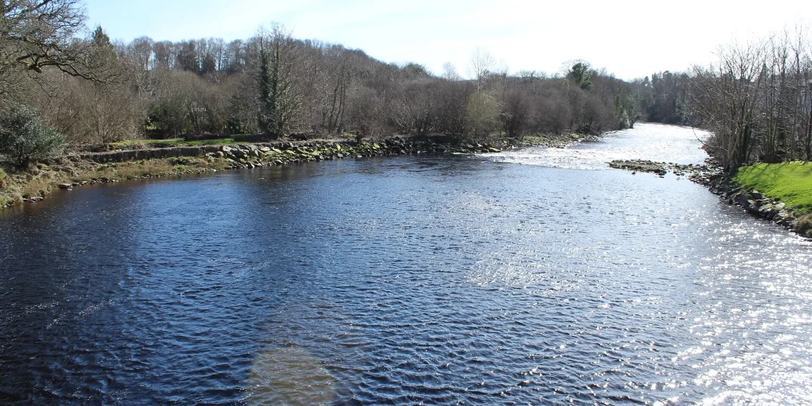The River Cree flowing past wooded banks at Newton Stewart, sparkling in the sun