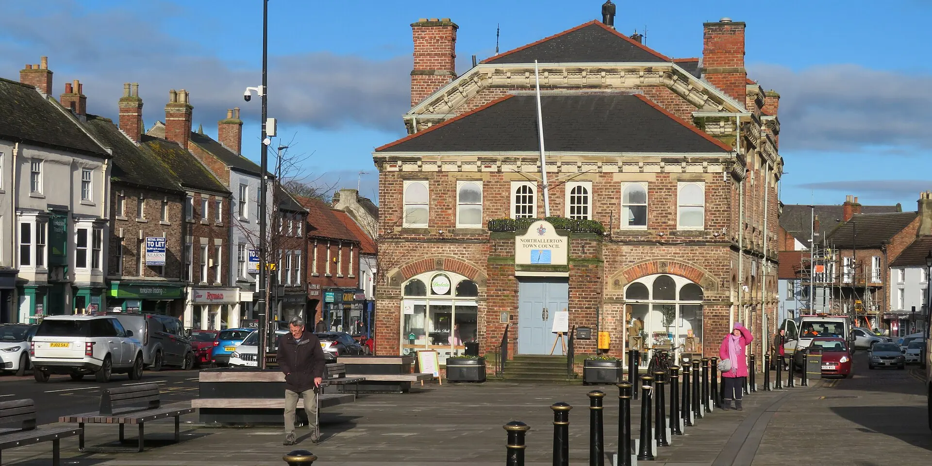 Northallerton's wide High Street with the red-brick Town Hall and Georgian shopfronts