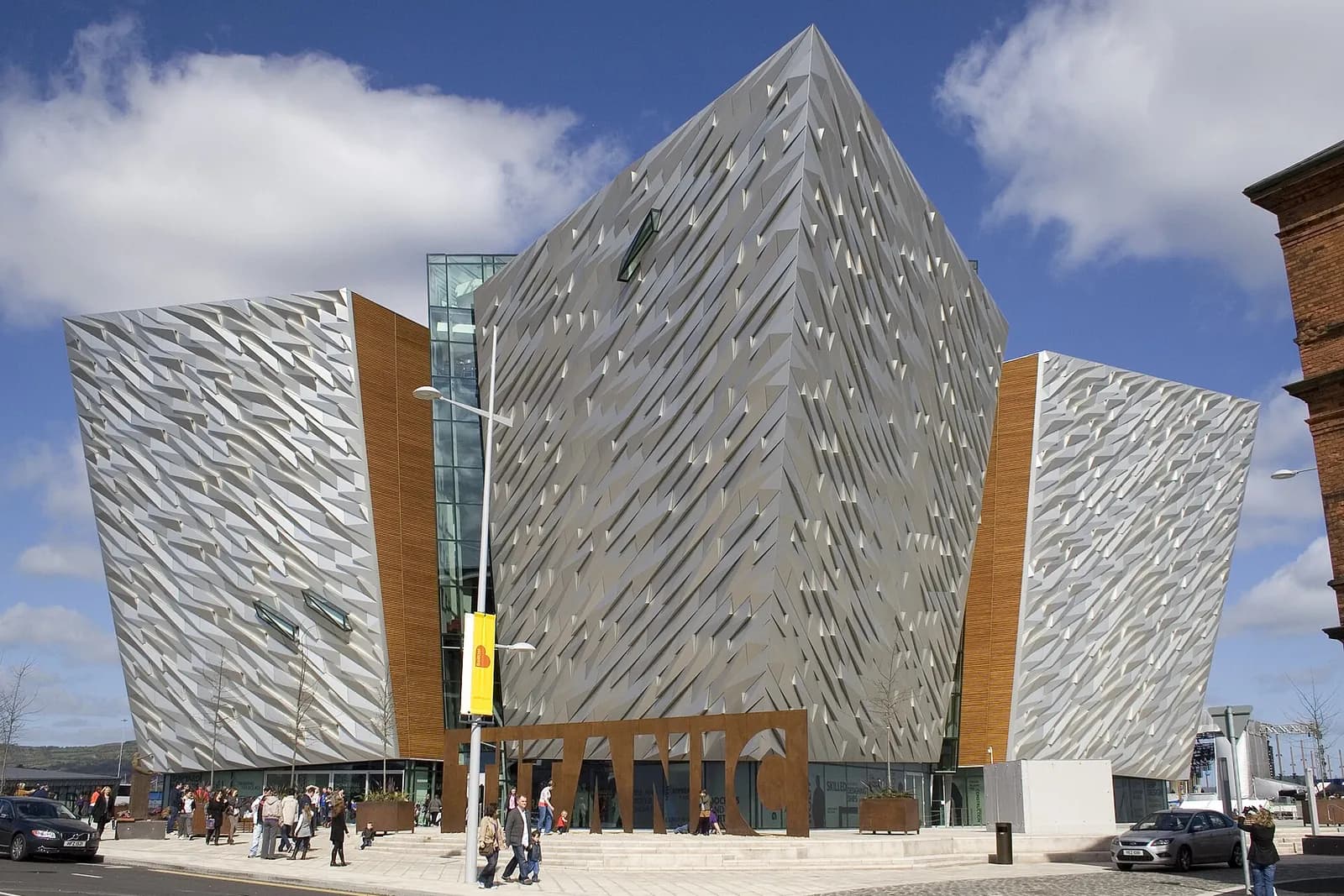 Titanic Belfast, a building of shining angular silver panels shaped like ships' hulls