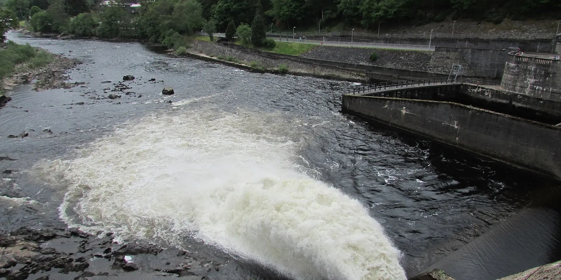 White water surging from Pitlochry Dam into the River Tummel