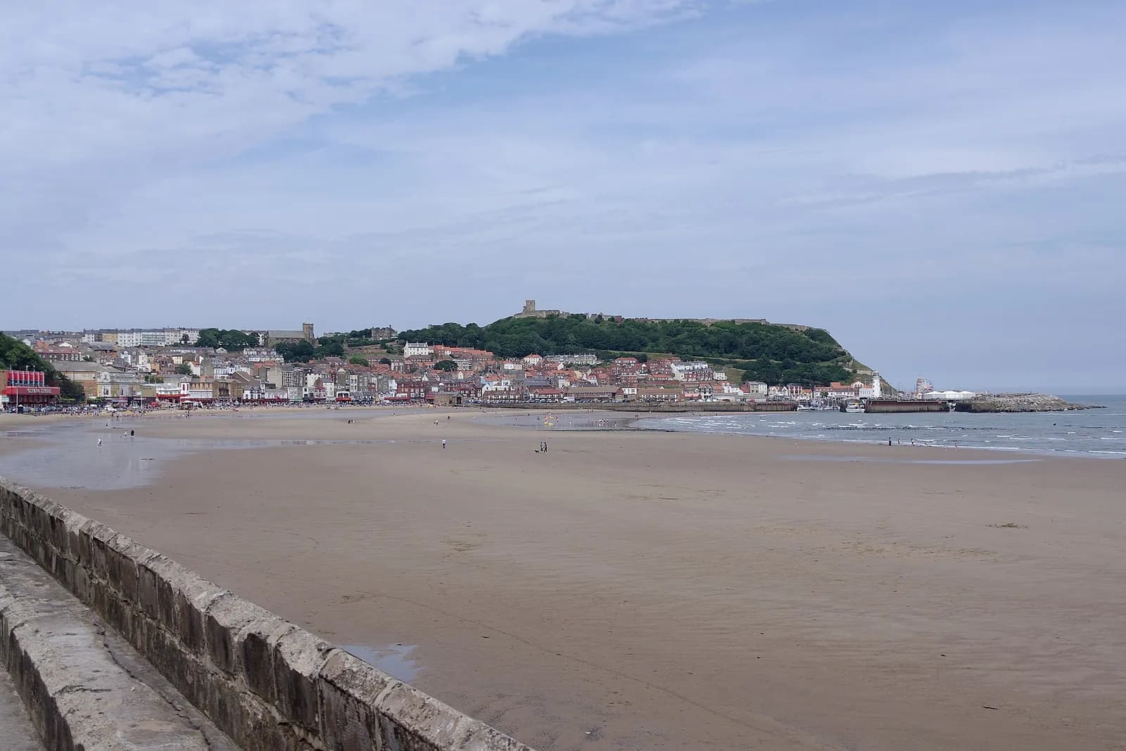 The wide sands of Scarborough's South Bay at low tide, with the town and castle headland beyond