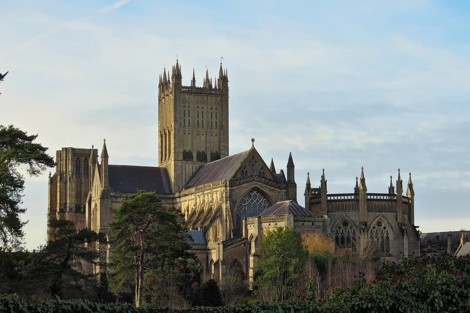 Wells Cathedral's central tower and Gothic east end, seen across trees