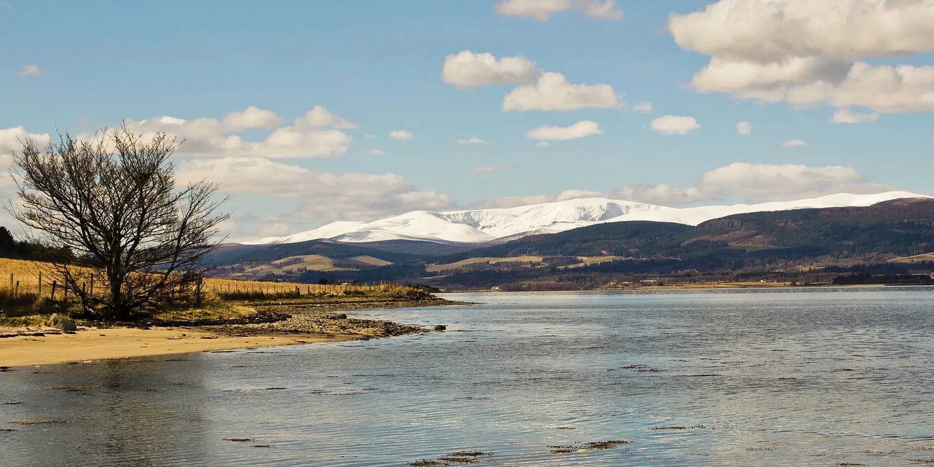 Snow-capped Ben Wyvis seen across the Cromarty Firth