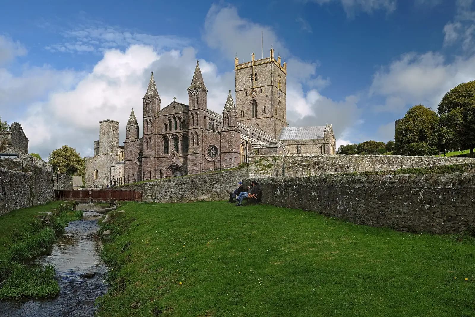 St Davids Cathedral and the ruined Bishop's Palace in their green valley beside the River Alun