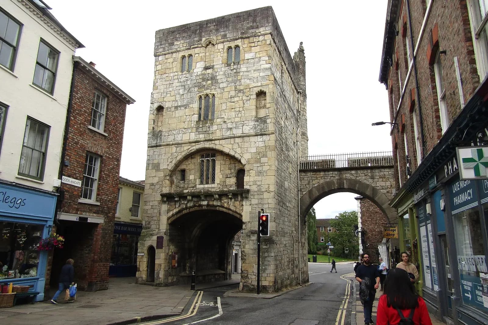 Monk Bar, the tallest of York's medieval stone gateways, at the end of a city street