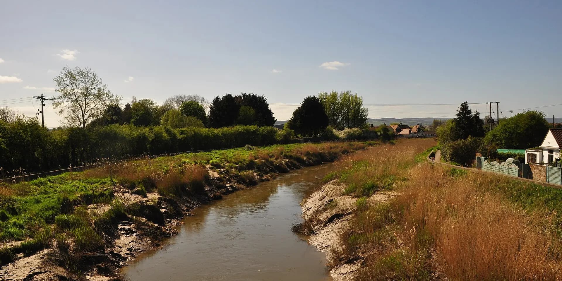 The River Parrett winding between grassy banks and trees on a sunny day