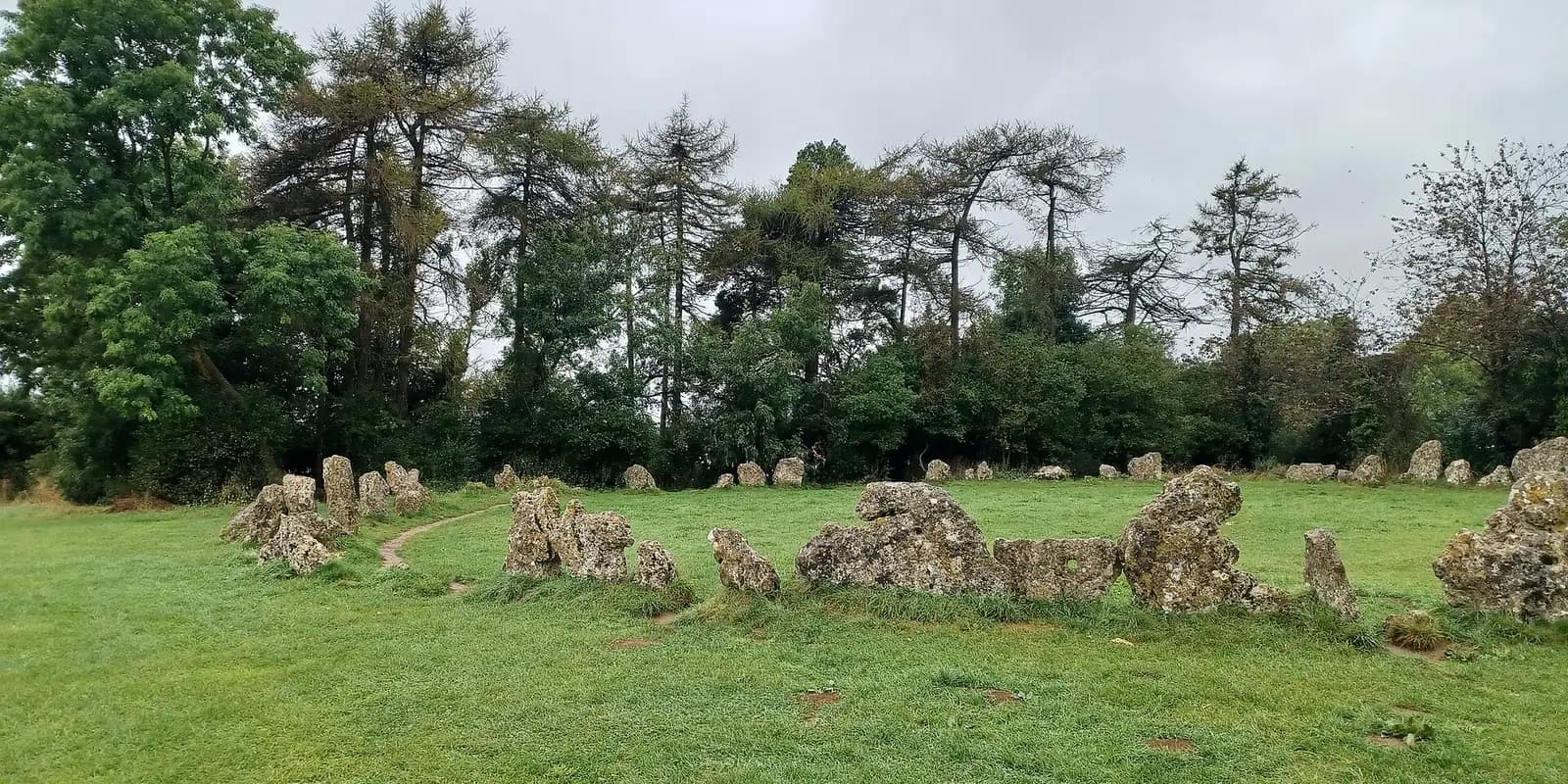 The weathered standing stones of the Rollright Stones circle on grass, with trees behind