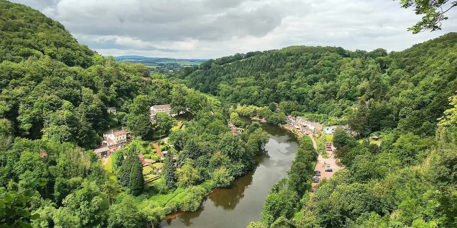 The River Wye winding through a deep wooded gorge, seen from above at Symonds Yat