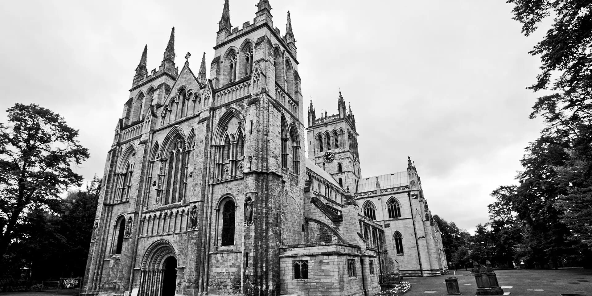 The west front and towers of Selby Abbey, in black and white